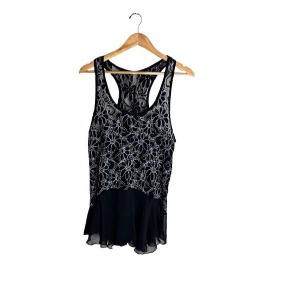 Entro Tank Applique Racerback Size Medium Black Silver Sheer Flirty Sexy